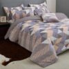 Premium microfiber bedding set with grey and color block design, showing queen-size comforter and matching pillowcases.
