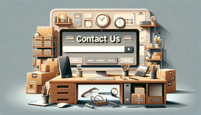 Professional office setting for a wholesale business 'Contact Us' page, featuring a desk with computer and smartphone, and a business-themed background.