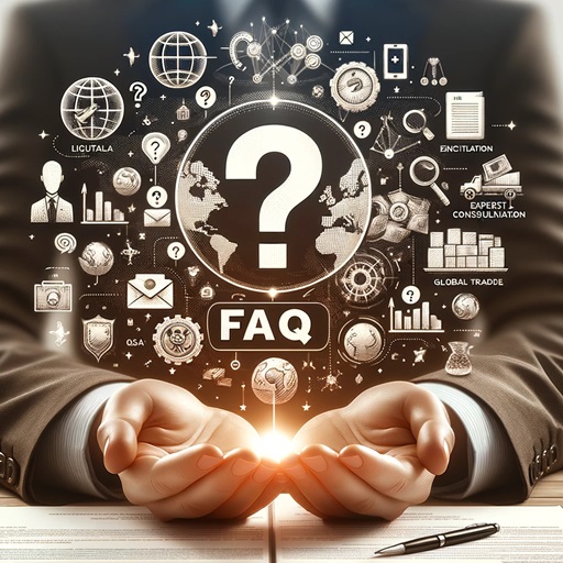 Professional image for an FAQ page, depicting question marks, global trade icons, and consultation symbols, highlighting expertise in liquidation services.