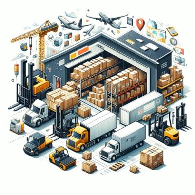 Warehouse with pallets of goods, delivery trucks at loading docks, and a forklift, depicting a busy shipping operation.
